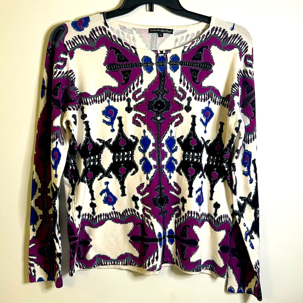 Pierri New York crew neck sweater size xl boho abstract purple blue black white